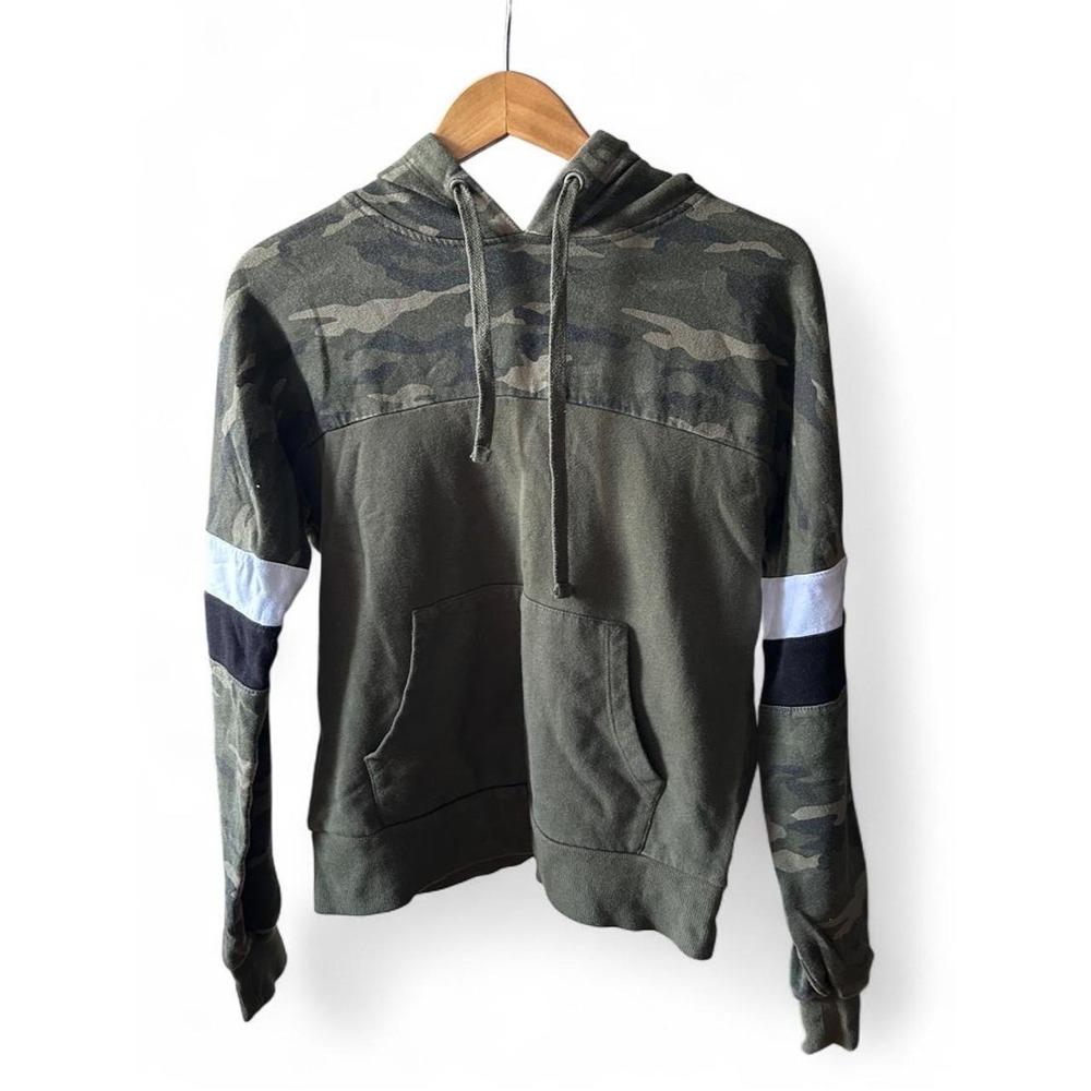 Camo Hoodie Olive Green Colorblock Stripe Sleeve Grunge Skater Camping Sweater M